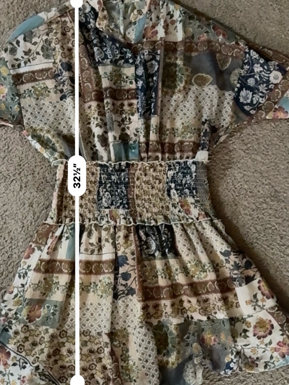 Zara Patchwork Floral Smocked Waist Dress in Blue, Cream & Brown - Picture 7 of 7